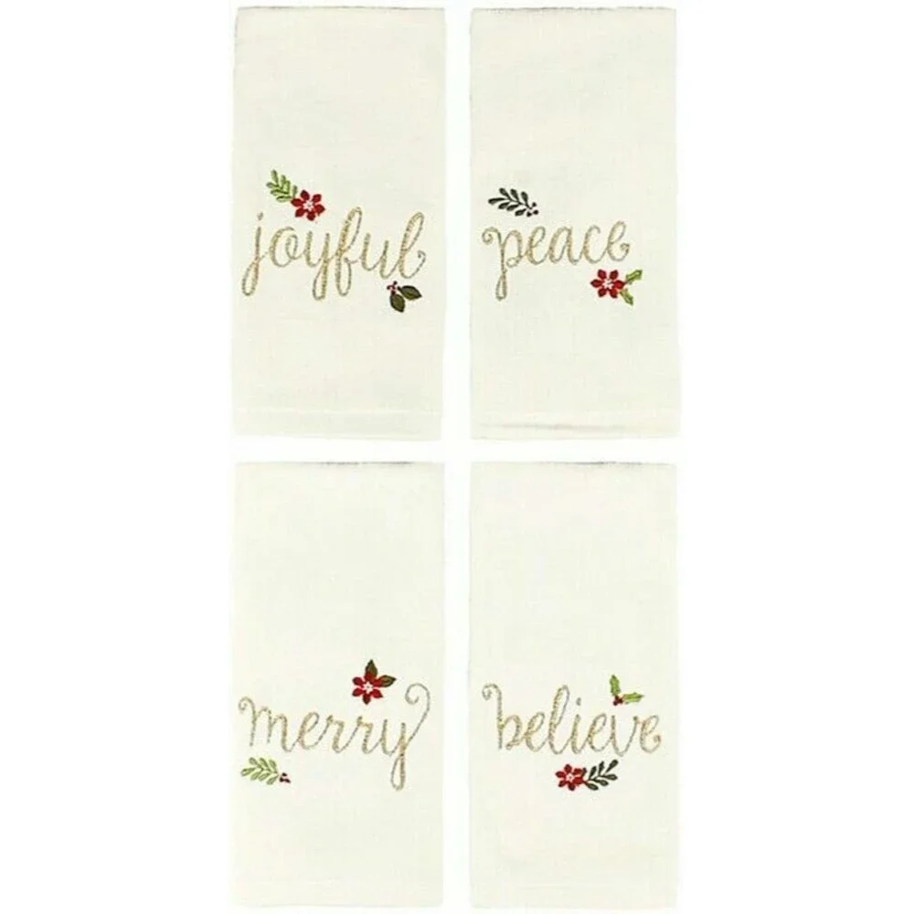 Christmas Fingertip Towels Embroidered Joyful Peace Merry Believe 11x18 Set of 4